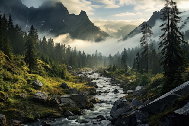 Un río atraviesa un valle con una montaña en el fondo.