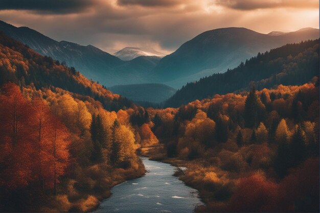 Un río atraviesa un valle de montaña con una montaña en el fondo.