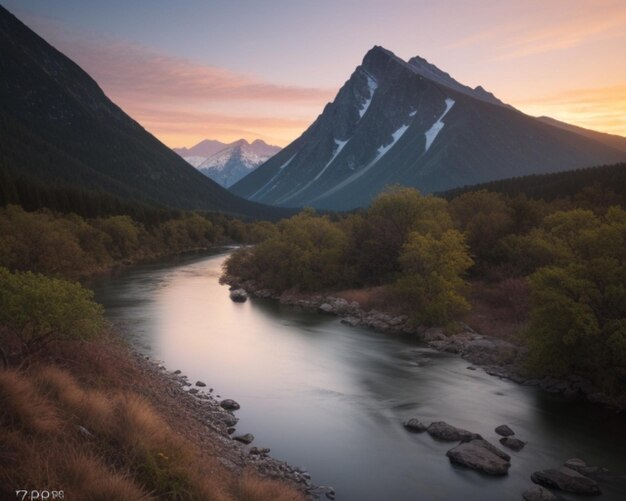 Un río atraviesa un valle con montañas al fondo.