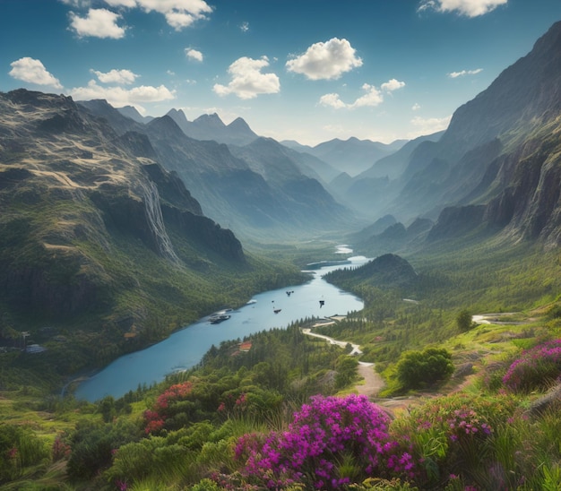 Un río atraviesa un valle con montañas al fondo.