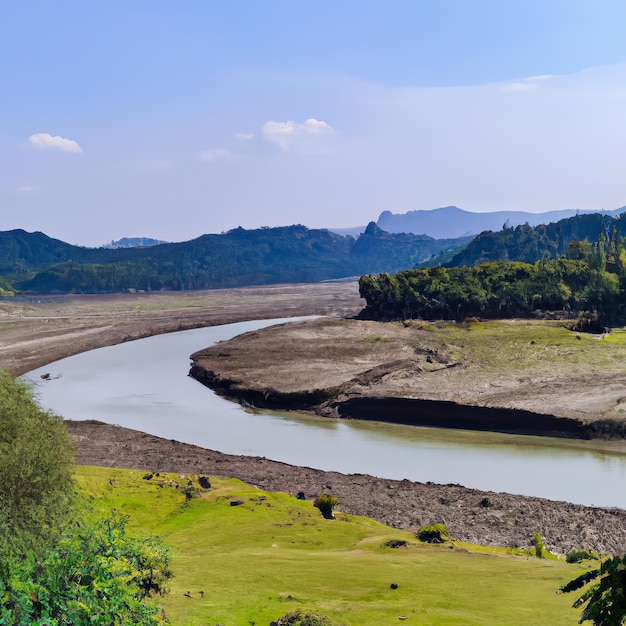 Un río atraviesa un valle con montañas al fondo.