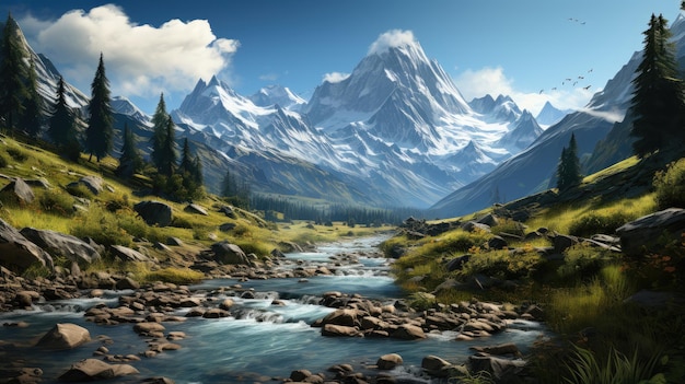 Un río atraviesa un valle con montañas al fondo.