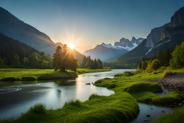 Un río atraviesa un valle con montañas al fondo.