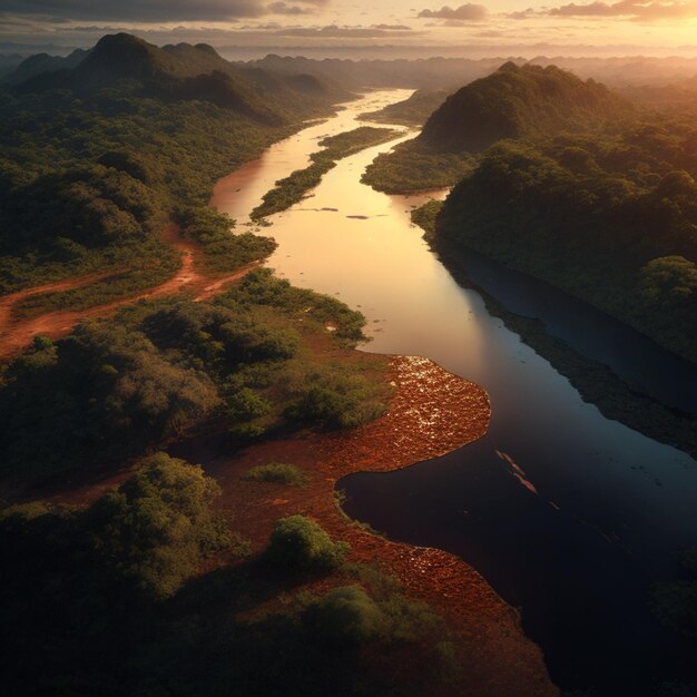 Un río atraviesa un valle con montañas en el fondo.