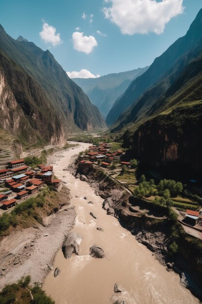 Un río atraviesa un valle con un pueblo en primer plano.