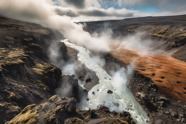 Un río atraviesa un valle del que sale humo.