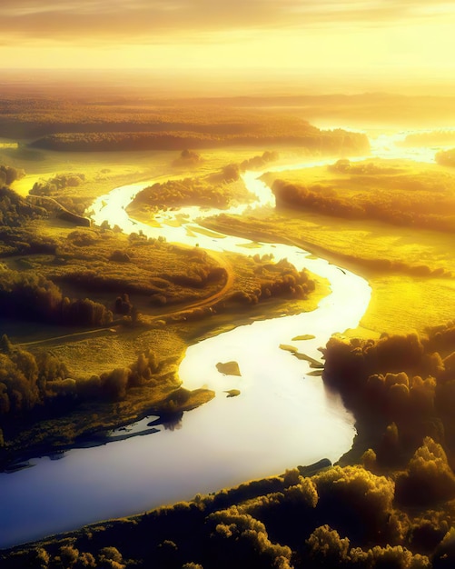 Un río atraviesa un valle verde con árboles y una puesta de sol.