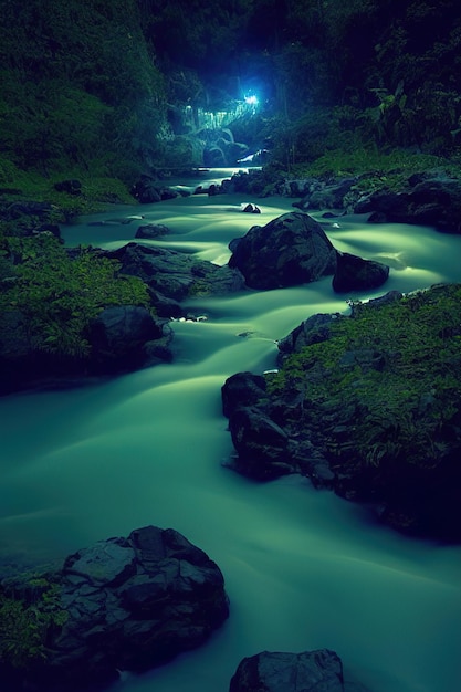 rio azul brilhante fluindo por uma vegetação