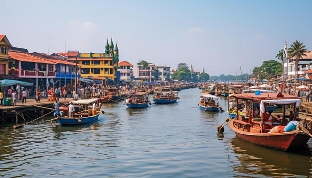 un río con barcos y edificios en el agua y uno de los barcos tiene un techo azul