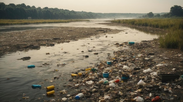 un río con basura y basura en la orilla y algunos botes de basura en el agua