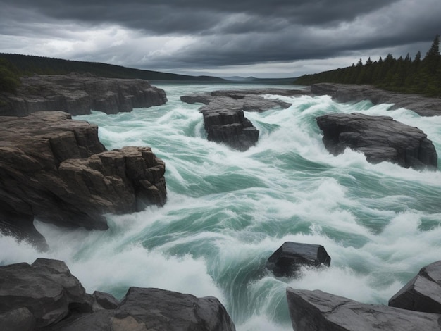 Río boscoso bajo el cielo nublado