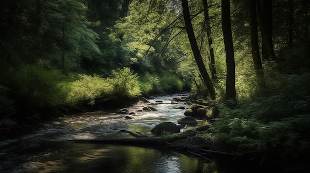 Un río en el bosque con un árbol en primer plano