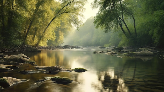 Un río en el bosque con árboles y un cielo brumoso.