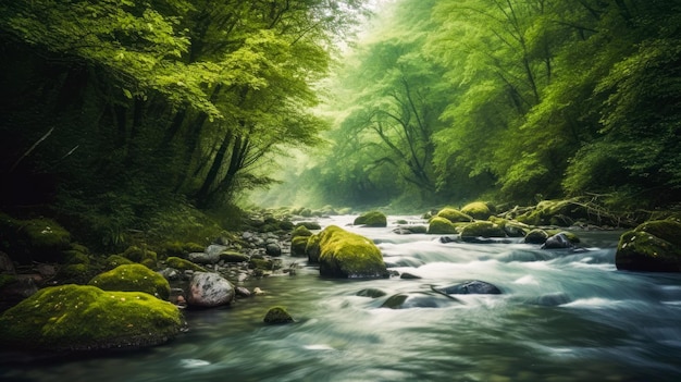 Un río en el bosque con árboles verdes y musgo.