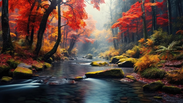 un río en el bosque con colores de otoño