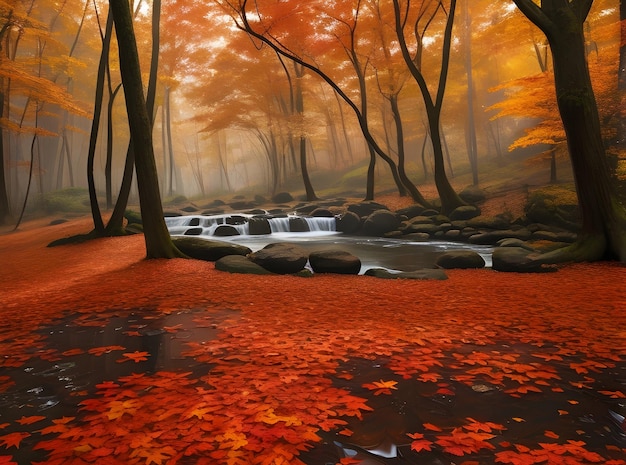 Río en el bosque cubierto de brillantes hojas de otoño