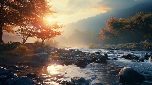 Un río en el bosque con un fondo de montaña.