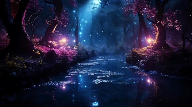 Un río en el bosque con una luz azul.