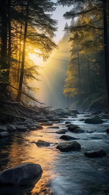 río en el bosque por la mañana paisaje de fondo