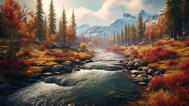 Un río en el bosque con montañas al fondo.