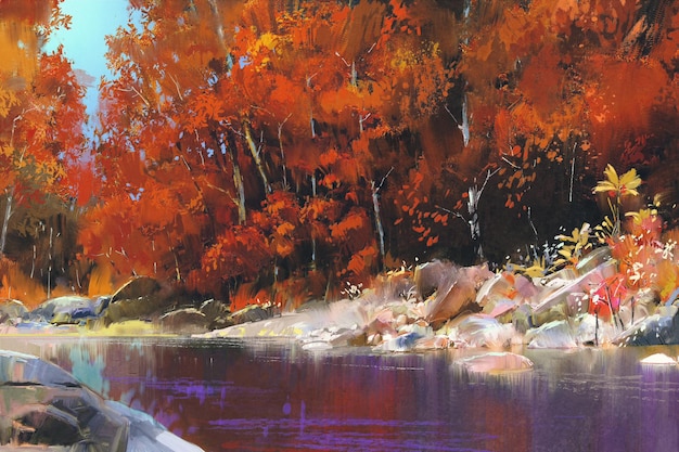 río en el bosque de otoño, pintura de paisaje