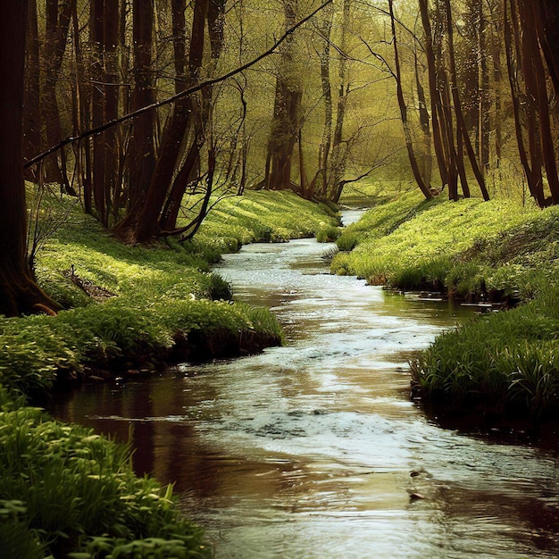 Río en el bosque de primavera