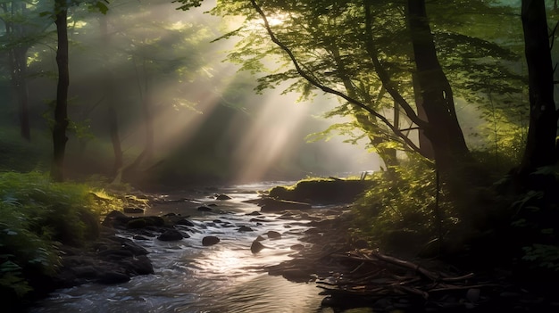 Un río en el bosque con rayos de sol que atraviesan los árboles.