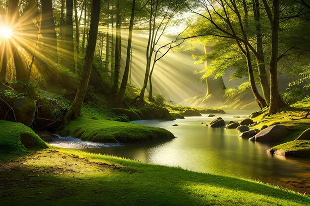 un río en el bosque con rayos de sol