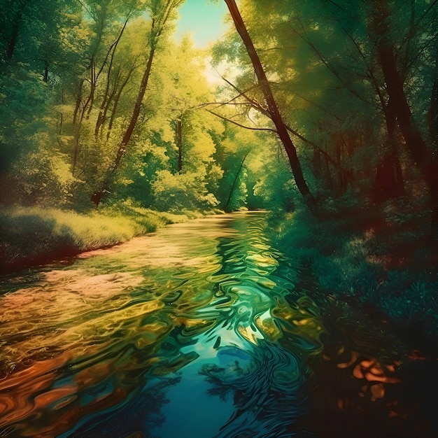 Foto río del bosque con el reflejo de los árboles en el agua pintura digital