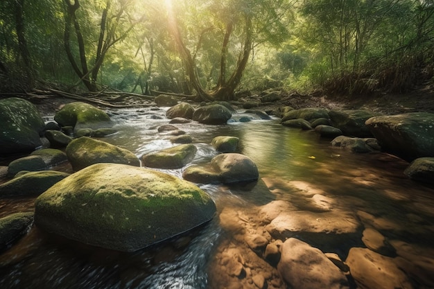 Un río en el bosque con rocas y árboles.