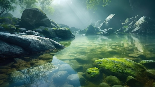 Un río en el bosque con el sol brillando sobre él Bosque verde y arroyo forestal al atardecer