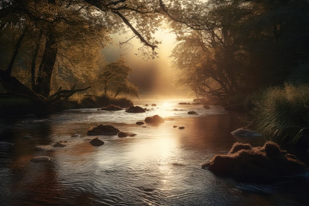 Un río en el bosque con el sol brillando sobre él.