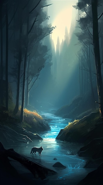 Un río en el bosque con el sol brillando sobre él.