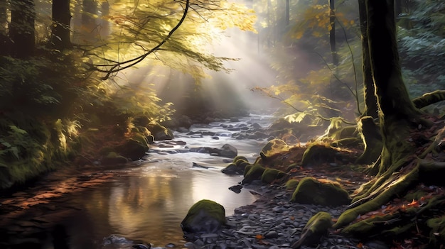 Un río en el bosque con el sol brillando a través de los árboles.