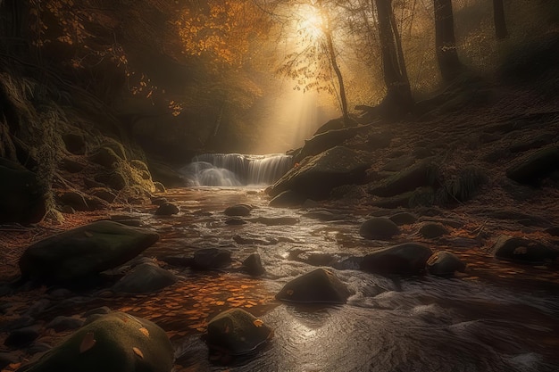 Un río en el bosque con el sol brillando a través de los árboles.