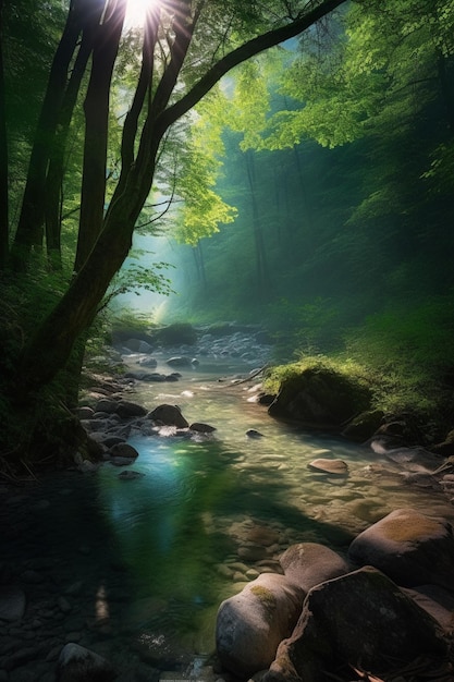 Un río en el bosque con el sol brillando a través de los árboles.