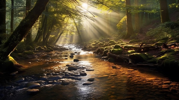 Un río en el bosque con el sol brillando a través de los árboles.