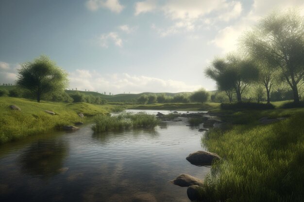 Un río con un campo verde y árboles al fondo.