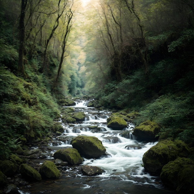 Río y cascada del bosque sinfónico de la naturaleza