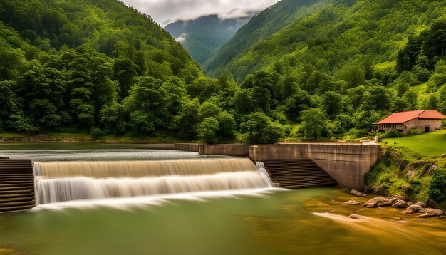 Foto un río con una cascada en el fondo y un río debajo de él