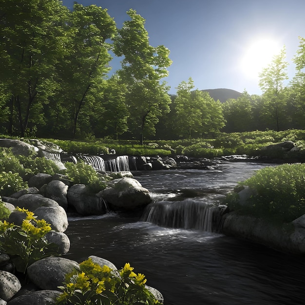 Un río con una cascada y un sol brillando sobre él.