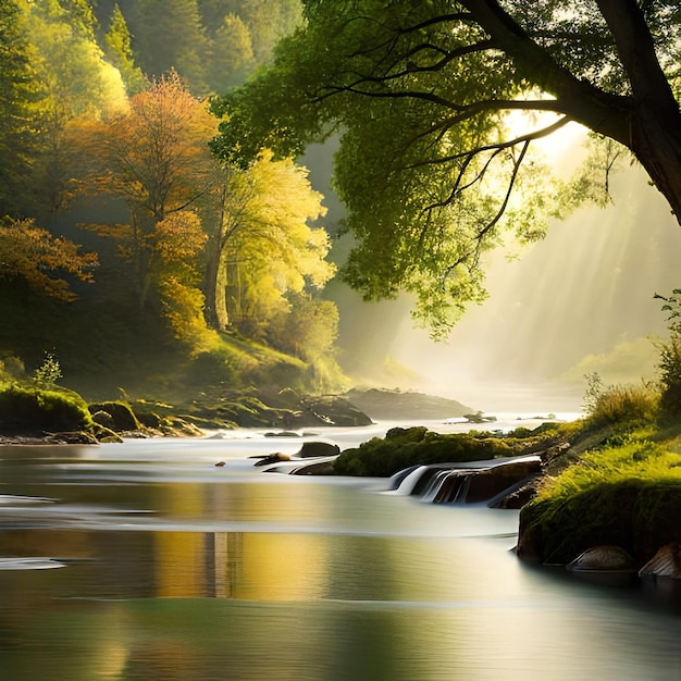 Un río con una cascada y el sol brillando a través de los árboles.