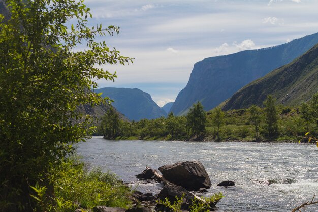 Foto río chulyshman en el valle de las montañas