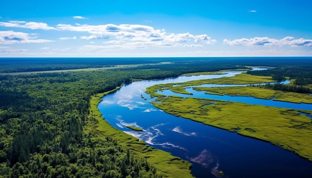 Foto un río con un cielo azul y nubes en el fondo