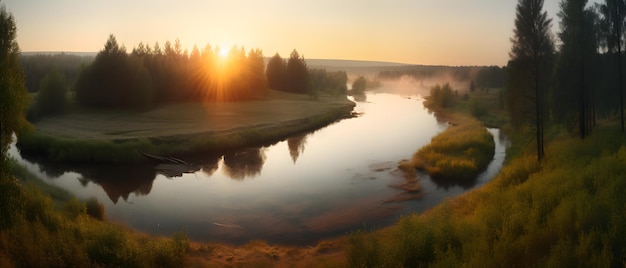 Un río con un cielo brumoso y un amanecer de fondo.