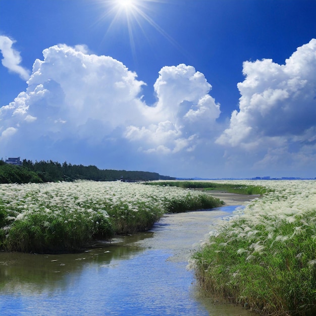 Foto un río con un cielo que tiene nubes en él