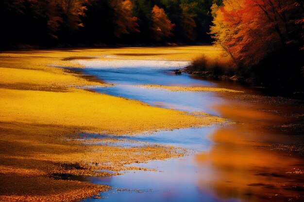 Un río de color dorado que es iluminado por el sol