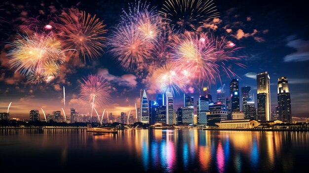 Rio com horizonte da cidade e fundo do céu de fogos de artifício Cena noturna com celebração de fogos de artifício