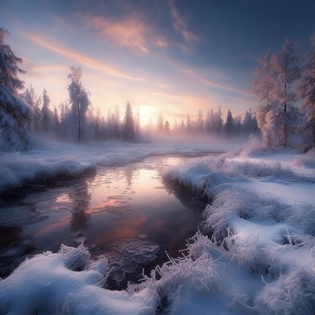 un río congelado con árboles cubiertos de nieve y una puesta de sol en el fondo