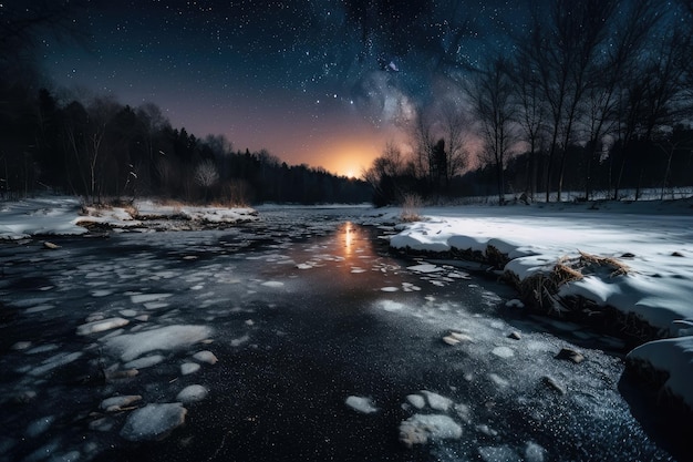 Rio congelado com vista para as estrelas do céu noturno brilhando acima